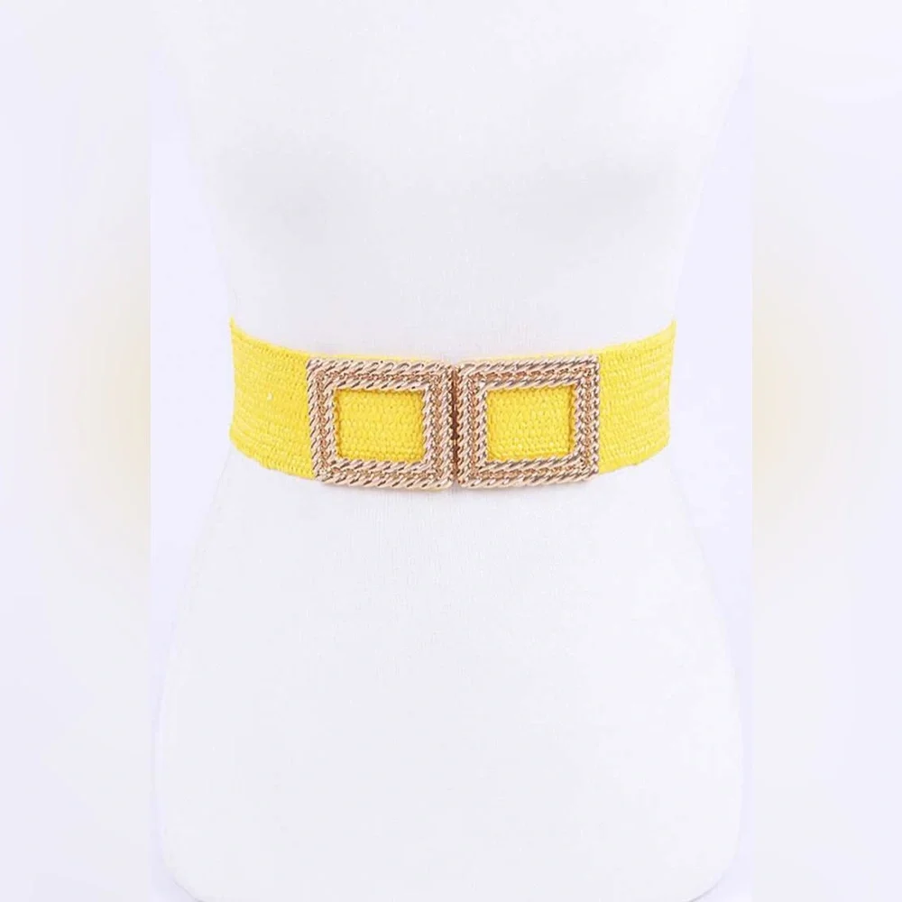 Gold Square Buckle Coated Straw Statement Belt